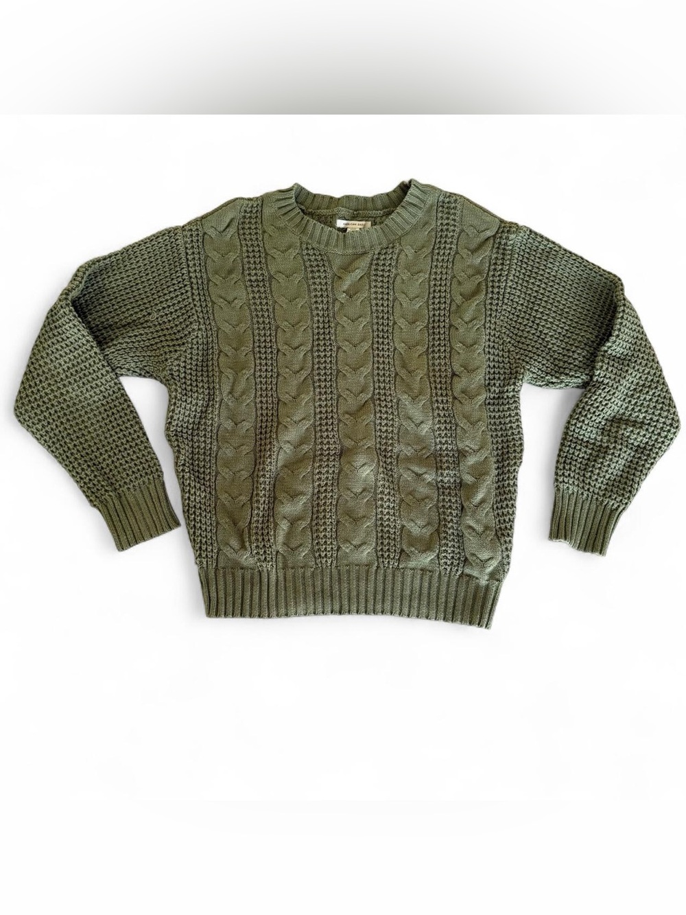 American Eagle Olive Green Cable Knit Sweater Women’s Size M Cozy Fall